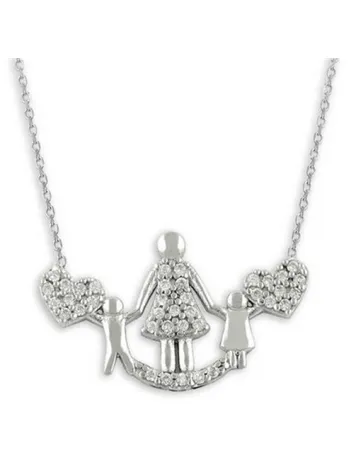 Anne Ve Çocukları Zirkon Taşlı Kalp Gümüş Bayan Kolyesi