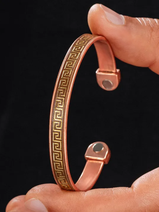 Erkek Kadın Bakır Bileklik - Altın Kaplama Hakiki Deri Grek İşlemeli Mıknatıslı Metal Kutu Doğal Taşlar