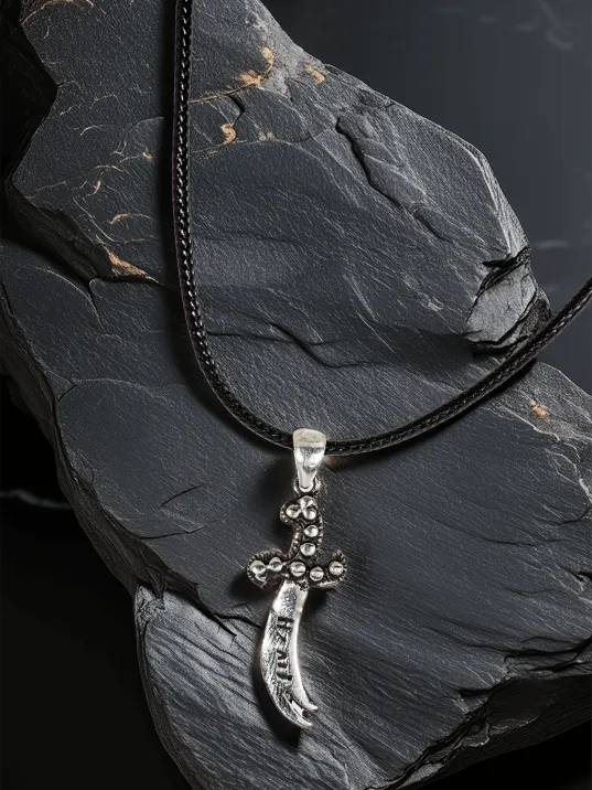 Erkek Gümüş Kolye Ucu - Hz Ali Yazılı Hançer Motifli Oksitli Model Deri Kolyeli 925 Ayar Gümüş