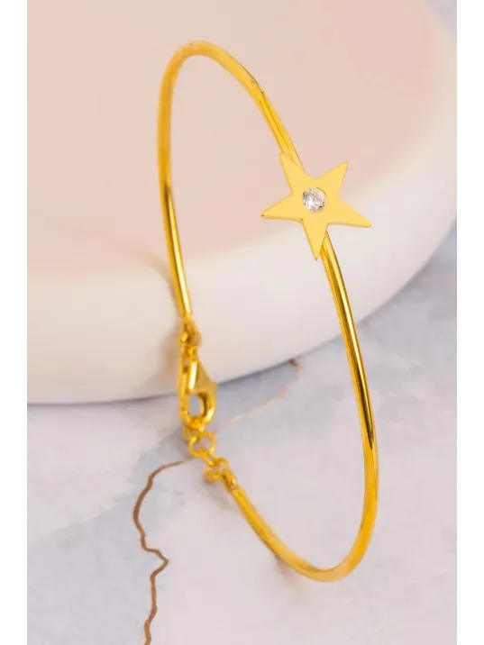 Kadın Gümüş Bileklik - El Yapımı Altın Kaplama Gümüş Zirkon Taşlı Yıldız Motifli Kadın Bileklik