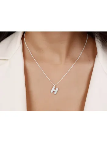 Kadın Gümüş Kolye - H Harfi Zirkon Taşlı Balon Harf Kadın Kolye