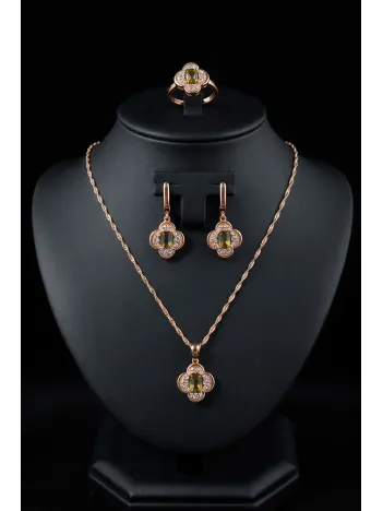 Kadın Gümüş Kolye Yüzük Küpe Set - Asalet Çiçeği Model Kare Zultanit Taşlı Rose Kaplama Set