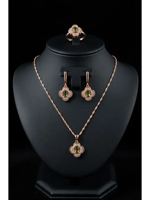 Kadın Gümüş Kolye Yüzük Küpe Set - Asalet Çiçeği Model Kare Zultanit Taşlı Rose Kaplama Set