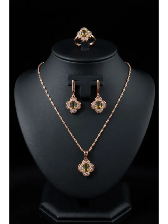 Kadın Gümüş Kolye Yüzük Küpe Set - Asalet Çiçeği Model Kare Zultanit Taşlı Rose Kaplama Set