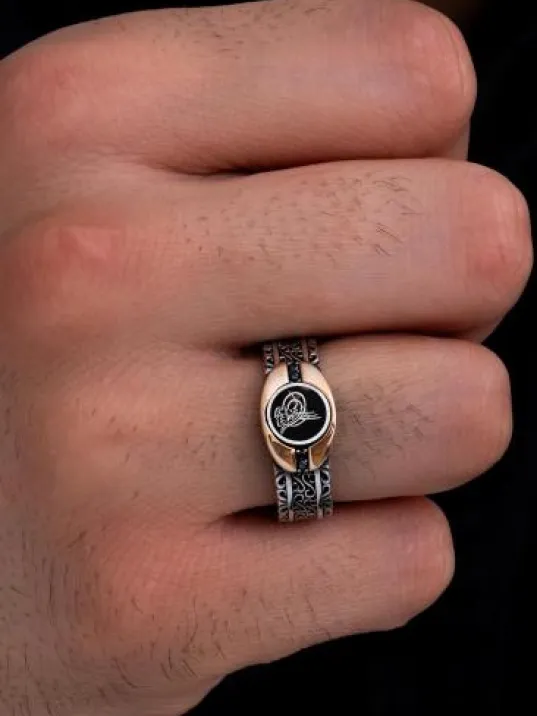 Erkek Gümüş Yüzük - Osmanlı Tuğralı Sarmaşık Motifli İnce Kibar Erkek Yüzük