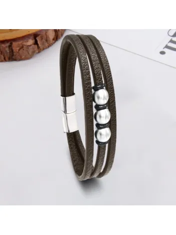 Erkek Deri Bileklik - Çoklu Retro Paslanmaz Çelik Kahverengi Deri Ve Top Deri Bileklik