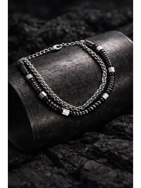 Erkek Çelik Bileklik - Çift Sıra Yuvarlak Kral Zincir Doğal Hematit Taşlı Bileklik