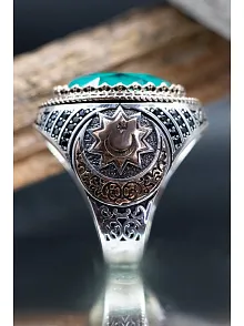 Mavi Paraiba Taşlı Yanları Ay Yıldız İşlemeli Oval 925 Ayar Gümüş Erkek Yüzük