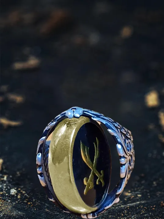 Erkek Gümüş Yüzük - Ortası Dönen Çift Taraflı Hz Zülfikar Kılıcı İşlemeli Erkek Yüzük