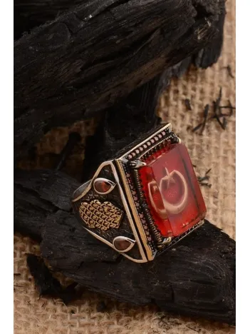 Mineli Ay Yıldız İşlemeli Kırmızı Zirkon Taş Süslemeli 925 Ayar Gümüş Erkek Yüzük GYZAYYLDIZK-KRM