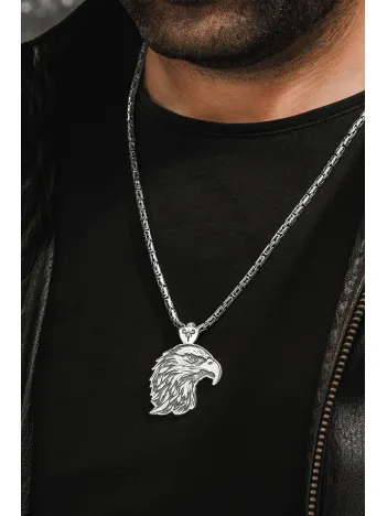Erkek Gümüş Kolye - Kartal Kafası Motifli Büyük Boy Kral Zincirli Erkek Kolye