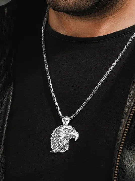 Erkek Gümüş Kolye - Kartal Kafası Motifli Büyük Boy Kral Zincirli Erkek Kolye