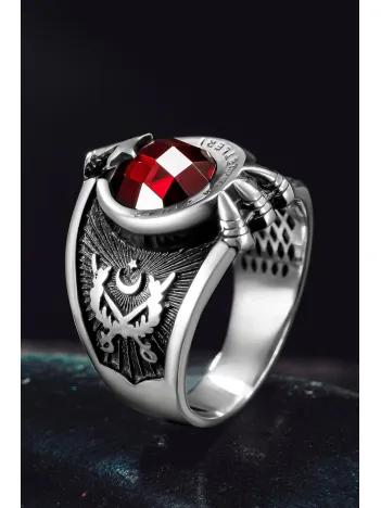 Erkek Gümüş Yüzük - Deniz Kuvvetleri Temalı Kırmızı Yakut Taşlı Erkek Yüzük