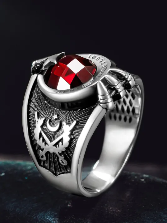 Erkek Gümüş Yüzük - Deniz Kuvvetleri Temalı Kırmızı Yakut Taşlı Erkek Yüzük Erkek Gümüş Yüzük - Deniz Kuvvetleri Temalı Kırmızı Yakut Taşlı Erkek Yüzük