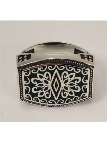 Otantik Selçuklu Motifli Yeşil Mineli Erkek Gümüş Yüzük