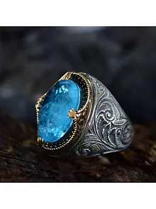 Mavi Paraiba Taşlı Erzurum Kalem İşlemeli Gümüş Erkek Yüzük GYZMAVIPRBY-GMS