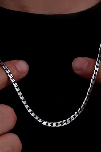 Erkek Gümüş Kolye - 925 Ayar 4 mm Oksitli Ezme Gurmet Zincir Gümüş Kolye