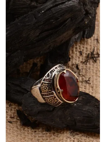 Kırmızı Zirkon Topaz Taşlı Yanı Figür Ve Taş İşlemeli Erkek Gümüş Yüzük GYZZRCKRIMZ-KRM