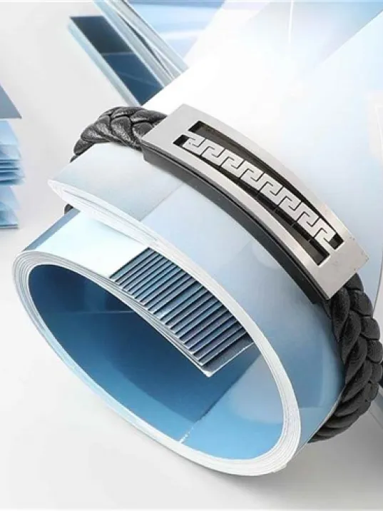 Grek Desenli Deri Kauçuk Çelik Erkek Bileklik