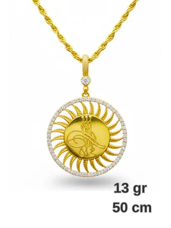 Kadın Gümüş Kolye - Güneş Motif Osmanlı Tuğrası 22 Ayar Altın Kaplama Zirkon Taşlı Gümüş Kolye