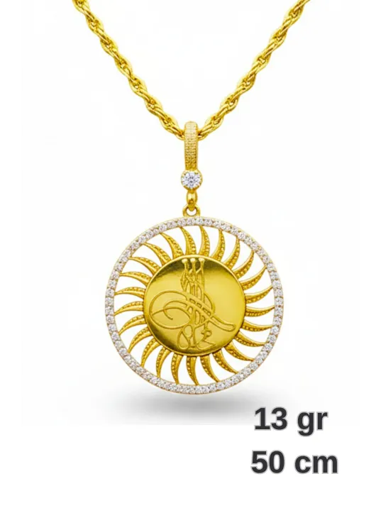 Kadın Gümüş Kolye - Güneş Motif Osmanlı Tuğrası 22 Ayar Altın Kaplama Zirkon Taşlı Gümüş Kolye