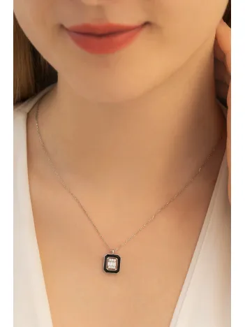 Kadın Gümüş Kolye - Kare Baget Taşlı Model 2 Kadın Gümüş Kolye Zincir Gklkrbgtm2d-ros