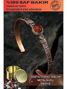 Bakır Kelepçe Bilezik Kırmızı Akik Doğal Taşlı Erkek Kadın Doğal Taşlar ve Metal Kutulu