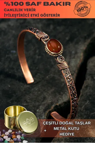 Bakır Kelepçe Bilezik Kırmızı Akik Doğal Taşlı Erkek Kadın Doğal Taşlar ve Metal Kutulu