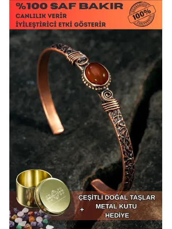 Bakır Kelepçe Bilezik Kırmızı Akik Doğal Taşlı Erkek Kadın Doğal Taşlar ve Metal Kutulu