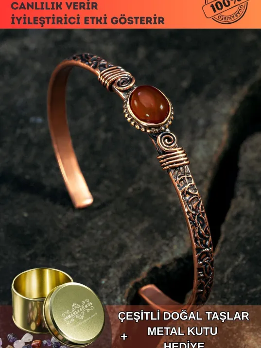 Bakır Kelepçe Bilezik Kırmızı Akik Doğal Taşlı Erkek Kadın Doğal Taşlar ve Metal Kutulu Bakır Kelepçe Bilezik Kırmızı Akik Doğal Taşlı Erkek Kadın Doğal Taşlar ve Metal Kutulu
