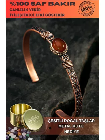 Bakır Kelepçe Bilezik Kırmızı Akik Doğal Taşlı Erkek Kadın Doğal Taşlar ve Metal Kutulu