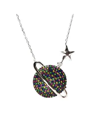 Gezegen Satürn Modeli Bayan Gümüş Kolye