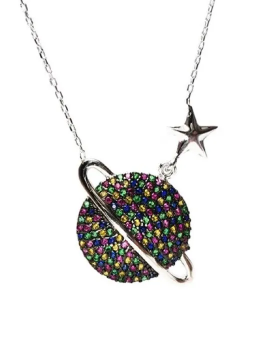 Gezegen Satürn Modeli Bayan Gümüş Kolye Gezegen Satürn Modeli Bayan Gümüş Kolye