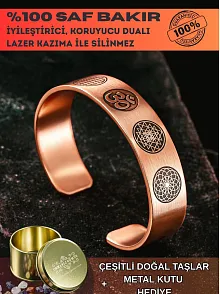 Erkek Bakır Bileklik - Yaşam Çiçeği - Lotus - Sri Yantra - Om Sembolü - Erkek Bakır Kelepçe Bileklik