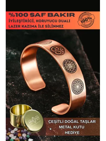 Erkek Bakır Bileklik - Yaşam Çiçeği - Lotus - Sri Yantra - Om Sembolü - Erkek Bakır Kelepçe Bileklik
