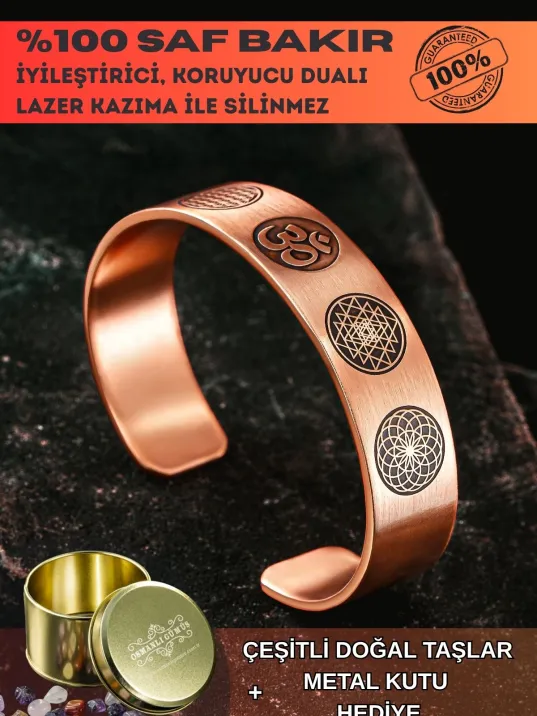 Erkek Bakır Bileklik - Yaşam Çiçeği - Lotus - Sri Yantra - Om Sembolü - Erkek Bakır Kelepçe Bileklik