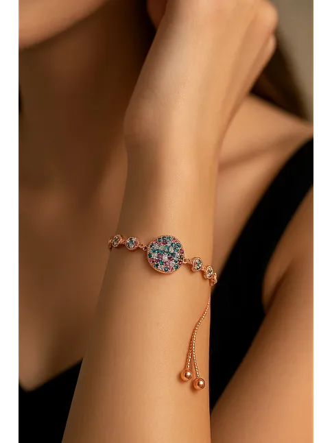 Kadın Gümüş Bileklik - Çok Renkli Doğal Taş Yuvarlak Rose Gold Kaplama Bilezik