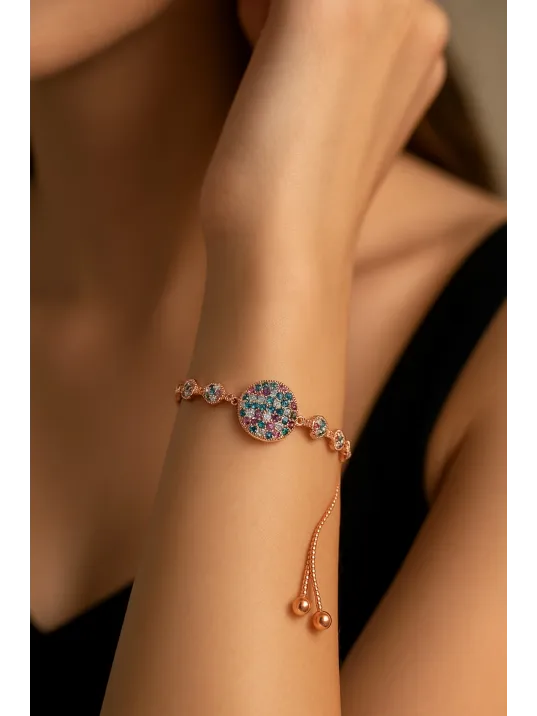 Kadın Gümüş Bileklik - Çok Renkli Doğal Taş Yuvarlak Rose Gold Kaplama Bilezik