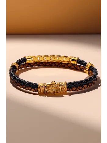 Altın Zincir Motifli Kahverengi Siyah Deri Erkek Bileklik