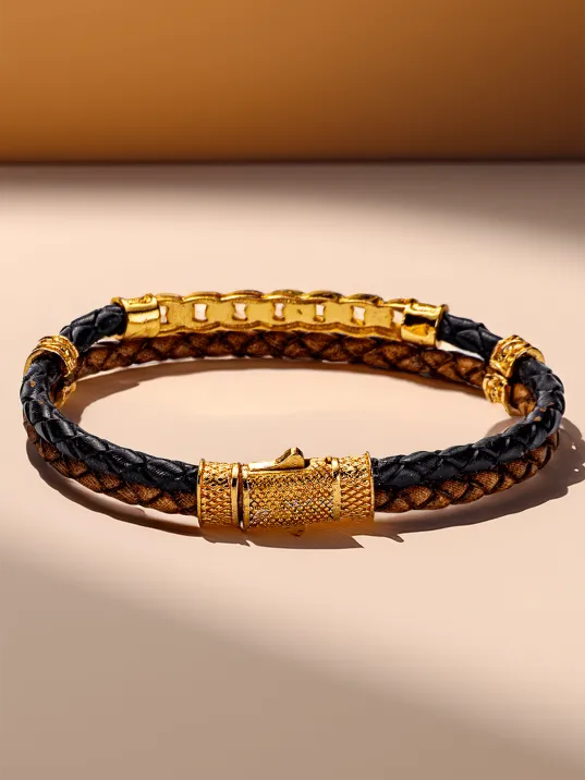 Altın Zincir Motifli Kahverengi Siyah Deri Erkek Bileklik Altın Zincir Motifli Kahverengi Siyah Deri Erkek Bileklik