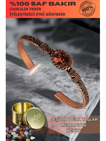 Kadın Bakır Bileklik - Zultanit Taşı Mekik Ağaç Kabuğu Model İnce Metal Kutu Doğal Taşlı Bilezik
