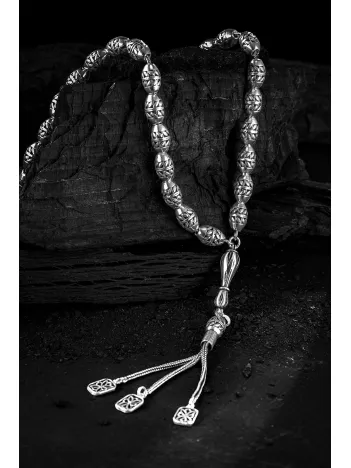 Erkek Tesbih - Efsun Oksitli 925 Ayar Gümüş Erkek Tespih Büyük Boy 41gr