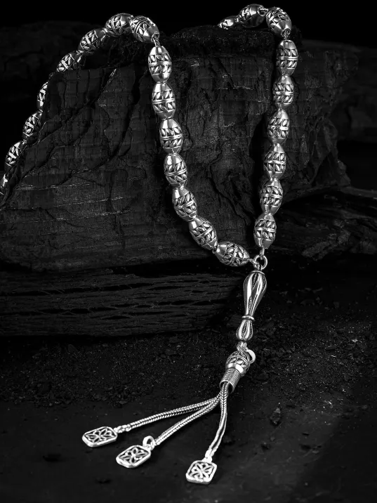 Erkek Tesbih - Efsun Oksitli 925 Ayar Gümüş Erkek Tespih Büyük Boy 41gr