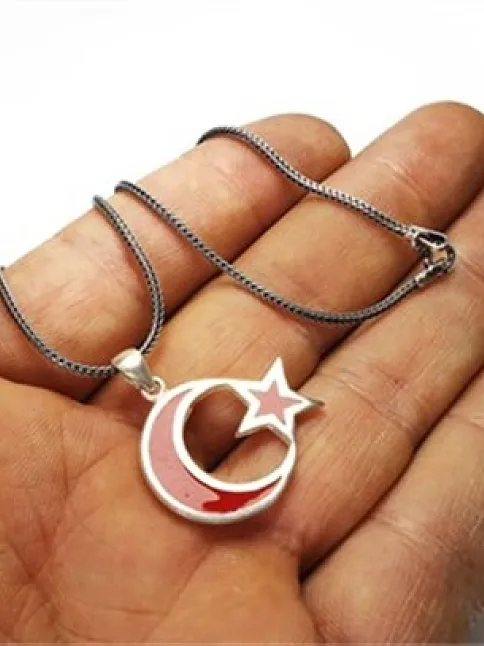 Ay Yıldız Türk Bayrağı Gümüş Erkek Kolye Zincir