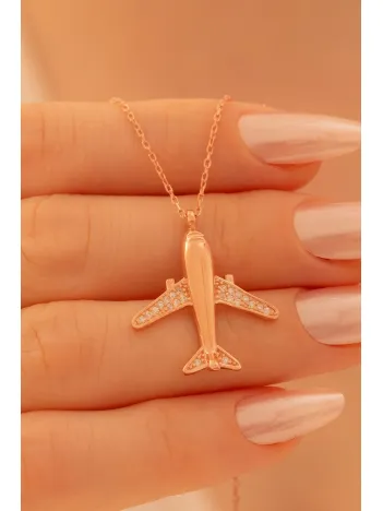 Uçak Figürlü Zirkon Taşlı Rose Kaplama Kadın Gümüş Kolye - Sevgililer Günü - Hediye