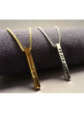 OttoMan Çelik Blok İsim Yazılan Çubuk Erkek Bayan Çelik Zincir Kolye