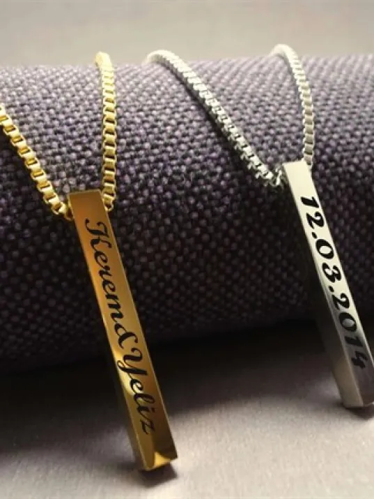 OttoMan Çelik Blok İsim Yazılan Çubuk Erkek Bayan Çelik Zincir Kolye-Gümüş