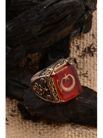 Mineli Ay Yıldız İşlemeli Kenarı Motifli Zirkon Taşlı 925 Ayar Gümüş Erkek Yüzük GYZAYYLDZKK-KRS