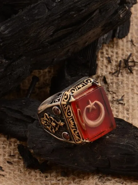 Mineli Ay Yıldız İşlemeli Kenarı Motifli Zirkon Taşlı 925 Ayar Gümüş Erkek Yüzük GYZAYYLDZKK-KRS