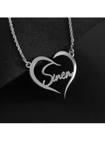 Kişiye Özel Kalp İçinde İmza İsim Yazılan Bayan Gümüş Kolye Zincir GKLGMSISIMY